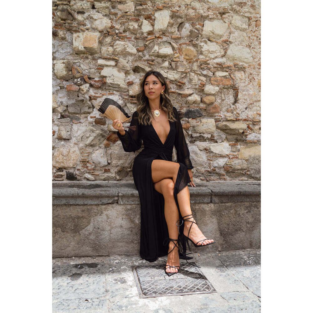 12th Tribe Bella Black Mesh Plunge Maxi Dress Size S